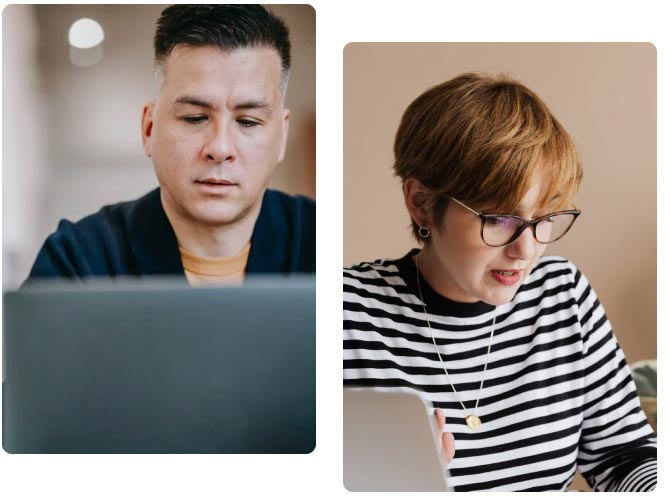 stock photos of a man on a computer and a woman at a desk