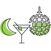 graphic of a moon, martini, and disco ball