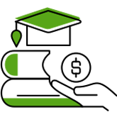 graphic of books and graduation cap, with dollar sign icon in the palm of a hand
